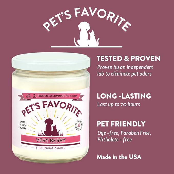 Pet's Favorite Pet Odor Candle, Clean Burning, Long Lasting Scented Candles with a Cotton Wick. (Very Berry, Pack of 1)