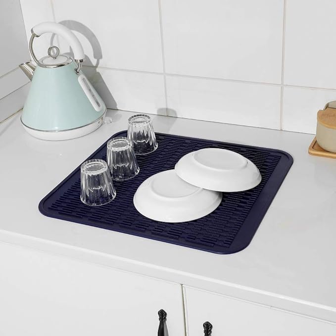 MicoYang Silicone Dish Drying Mat for Multiple Usage,Easy clean,Eco-friendly,Heat-resistant Silicone Mat for Kitchen Counter or Sink,Refrigerator or Drawer Liner Navy Blue 2XL 24 inches x 18 inches