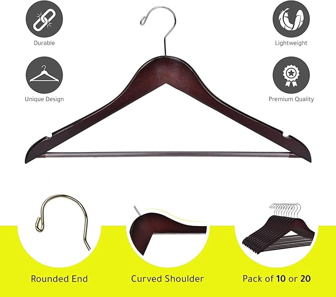 Quality Wooden Hangers - Slightly Curved Hanger 80 Pack Sets - Solid Wood Coat Hangers with Stylish Chrome Hooks - Heavy-Duty Clothes, Jacket, Shirt, Pants, Suit Hangers (Mahogany, 80)
