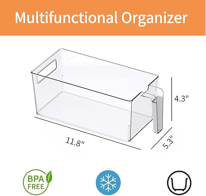 vacane 2 Pack Refrigerator Organizer Bins with Silicone Handle,Plastic Pantry Organization and Storage,BPA-Free Multi-Use Organizer Bins,Kitchen Containers for Fruit,Vegetable