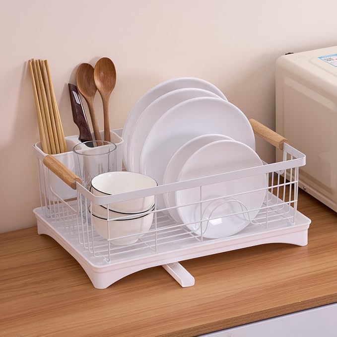 AppleTofu Dish Drainer Rack - Plate, Cutlery, Pots, and Pans Drying Rack for Kitchen with Beechwood Handles - Modern Retro Design Drip Tray with Metal Rack - White