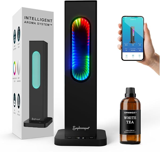 Waterless Oil Diffuser 1000 Sq Ft Coverage, Scent Diffusers for Home 3 Dynamic Gradient Modes with 7 Lights Hotel Collection Rechargeable with 100ml White Tea Lux Essential Oil,App Control