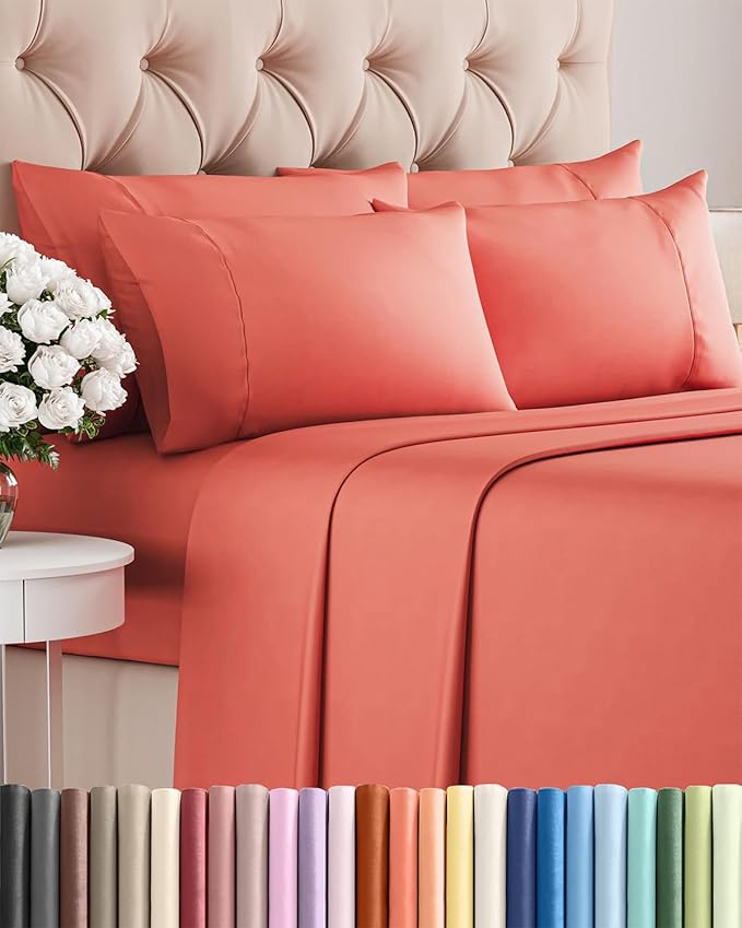 Queen 6 Piece Sheet Set - Comfy Breathable & Cooling - Ultra Soft Hotel Luxury Bedding Set w/ 8-16 Inch Deep Pockets - 1 Flat & 1 Fitted Sheet & 4 Pillowcases - Cozy, Wrinkle Free & Easy Care - Coral