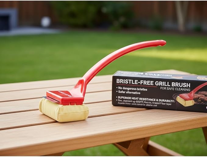 Bristle Free Grill Brush with Removable Cleaning Head, Seamless-Fit Scraper Tool for Cast Iron & Stainless Steel Grates, Safe BBQ Cleaner - Red