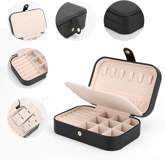 Small Jewelry Box Necklace Ring Storage Organizer Mini Jewelry case Double Layer Travel Jewelry Organizer for Women Girls Gift/Black