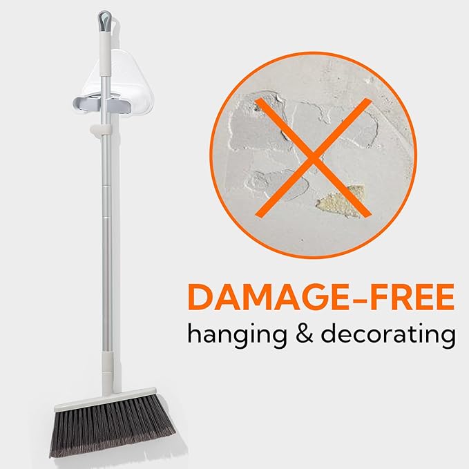 hookay 10lbs Broom and Mop Grippers, Damage-Free Hanging Wall Mount Broom Holder, No Tools Removable Hanging Organizer for home organization, Holds up to 10 lb, 2 Hangers and 6 Adhesive Strips