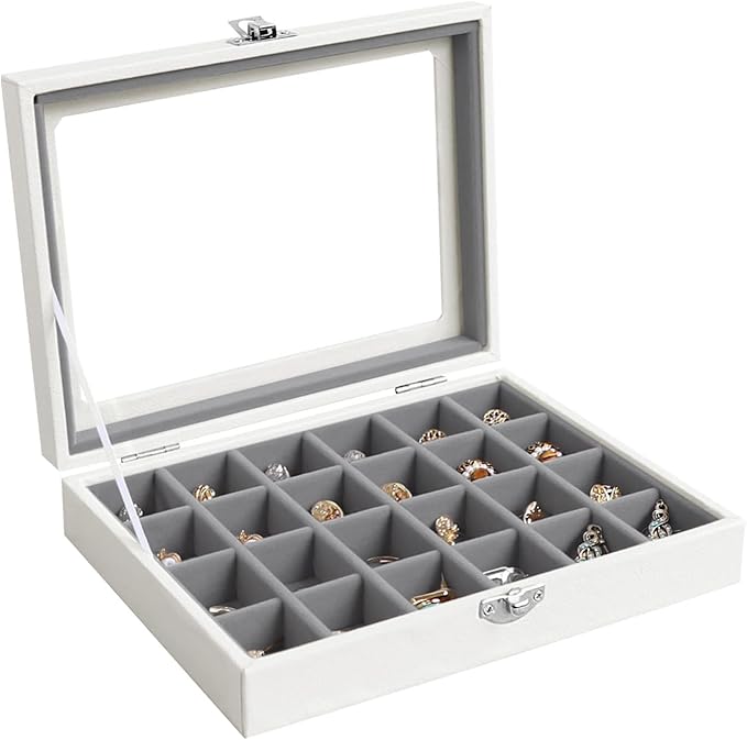 Wudygirl 24 Grid Jewelry Organizer Small Jewelry Box Velvet Earring Holder Organizer for Women Ring Holder Display for Drawer Jewelry Case Earring Organizer with Lid Jewelry Storage (Gray)