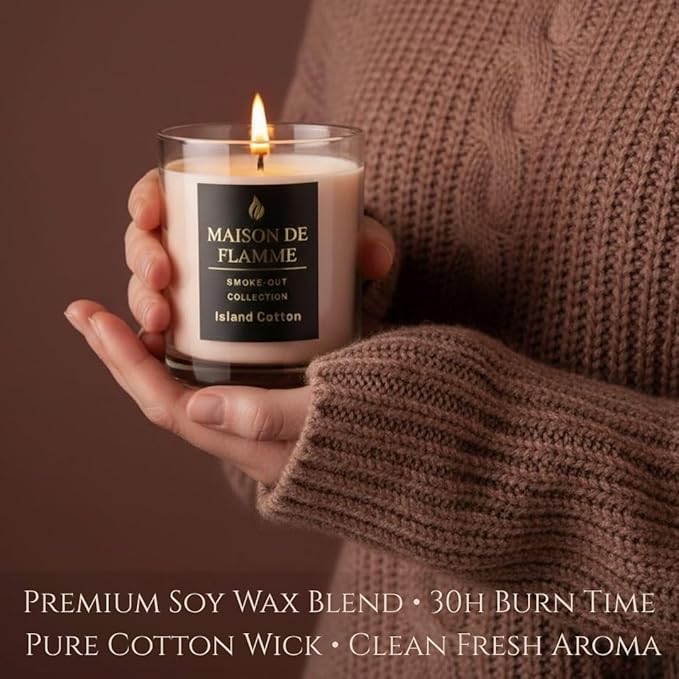 Island Cotton Scented Candle – 150g / 5.3 oz Soy Wax Blend, Hand-Poured Candle with Cotton Wick & 10% Fragrance Load – Fresh Clean Cotton & Linen Home Candle for Bedroom & Bathroom