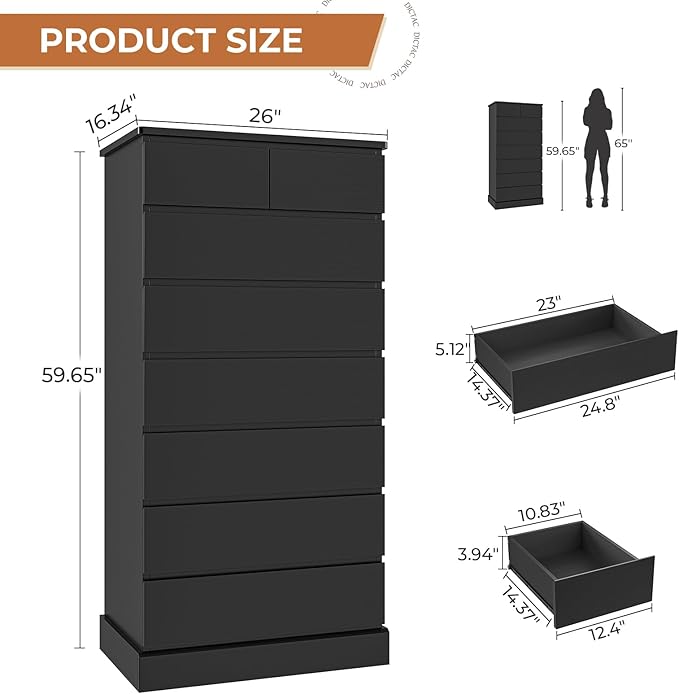 DICTAC Black Tall Dresser for Bedroom with 8 Drawers, 59.6" Tall Dressers & Chests of Drawers, Modern Wood Closet Organizer and Storage Cabinet, Large Vertical Dresser for Bedroom, Closet, Hallway