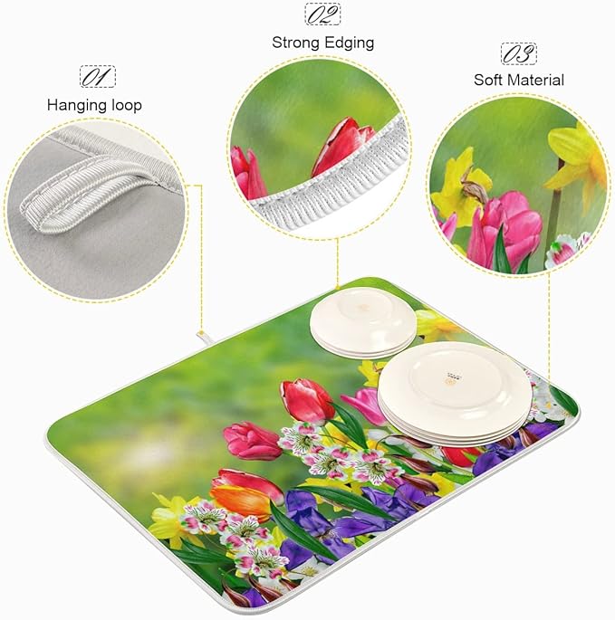 Daffodils and Tulips Flowers Dish Drying Mat 16x18 for Kitchen Counter Spring Floral Green Leaves Dishes Pad Absorbent Fast Dry Dish Draining Mats Medium Kitchen Accessories