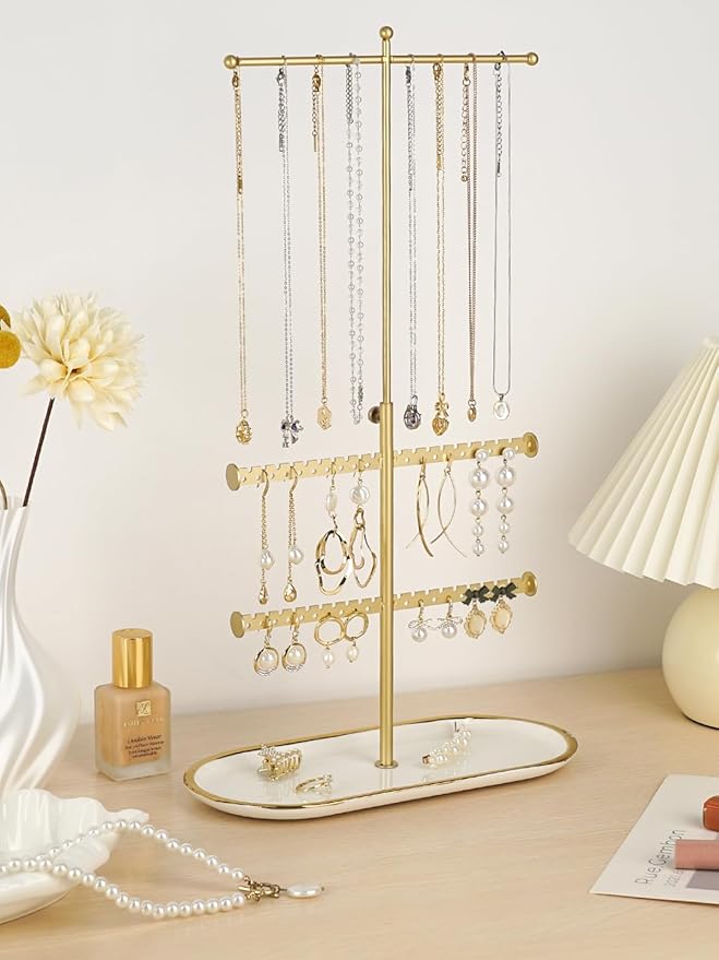 Jenseits Gold Jewelry Organizer Stand with Ceramic Tray – Cute Jewelry Holder for Necklaces, Earrings, Rings & Bracelets, Decorative Jewelry Display for Vanity Dresser, Great Gift for Women & Girls