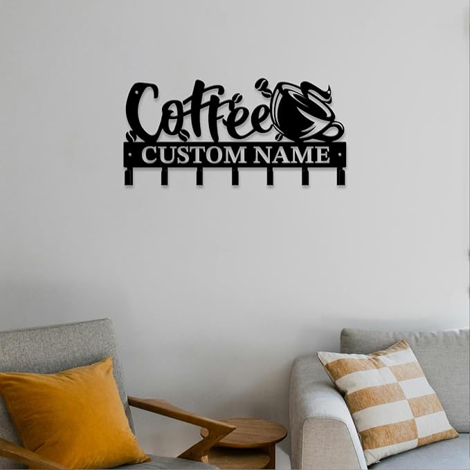Personalized Custom Name Coffee Bar Wall Keys Hooks,Metal Coffee Shop Art Clothes Hooks,Metal Coffee Lover Wall Home Storage Decorative,For Front Door, Hallway, Kitchen, Bedroom,Keys,Hats (Style D)