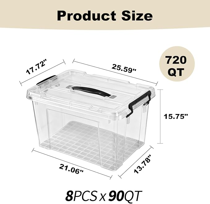 720 QT Clear Large Storage Bins with Lids, 8 Pack 90 QT-Stackable Plastic Organizer for Home, Office, Garage, BPA-Free, Heavy-Duty, See-Through Containers with Secure Latches & Handles