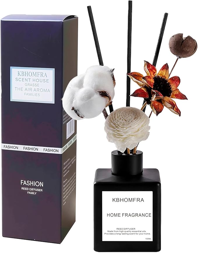 Reed Diffuser Set with Dried Flowers, Jasmine Gardenia Sandalwood Scent, Black Glass Bottle, 5.07fl oz, Aromatherapy Home Fragrance for Bedroom Bathroom (Sandalwood)