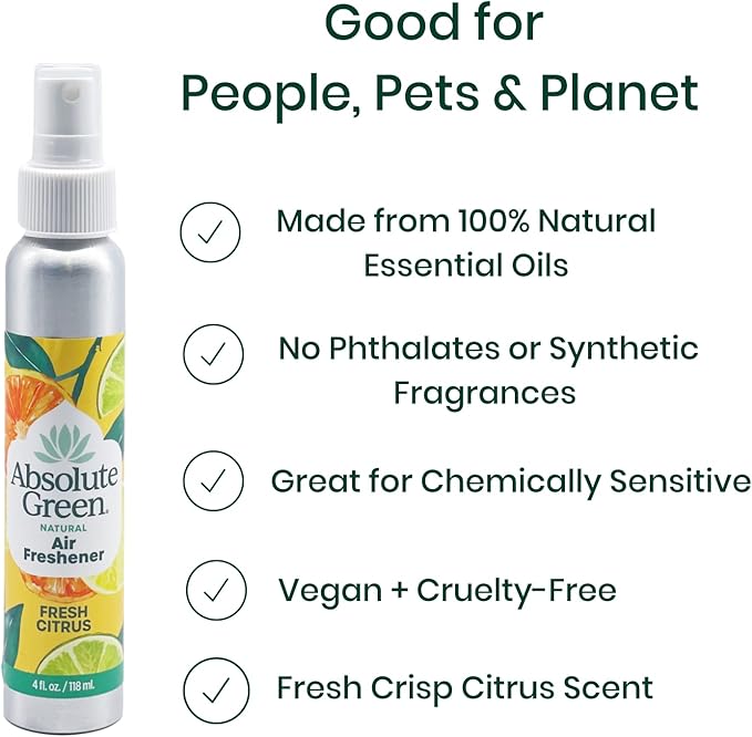 Absolute Green Air Freshener Room Spray, Non-Toxic, Cover Odors, Safe around Kids and Pets, Natural Fresh Citrus Scent 4oz (1 Pack)