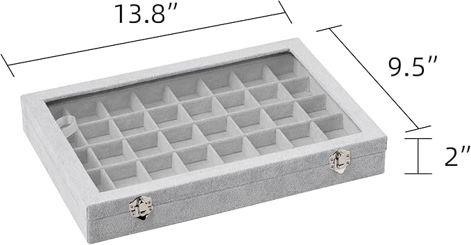 Frebeauty 40 Grid Jewelry Tray,Adjustable Earring Holder Organizer with Glass Lid,Velvet Drawer Jewelry Organizer for Rings,Studs,13.8 x 9.5 x 2 Inches Jewelry Display Box,Gift for Women(Grey)
