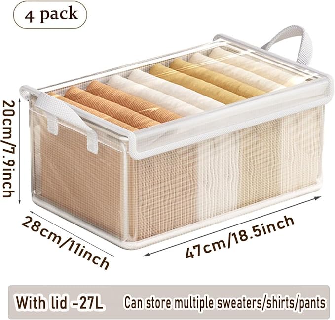 4PCS Foldable Storage Box with Lid - Extra Large FabricCloset Organizer for Clothes, 18.5x11x7.9 Inch Canvas Bin,Collapsible Design for Bedroom, Shelf, Closet, Underbed (Clear)