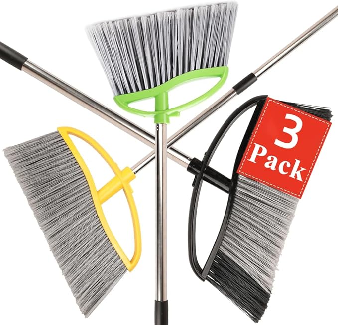 3 Pack Wide Heavy Duty Angle Broom - Stiff Bristle Outdoor Brooms for Sweeping Patio, Garden, Garage, Yard (Black, Yellow, Green)