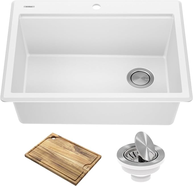 KRAUS Bellucci 28-inch Granite Workstation Drop In Top Mount Single Bowl Kitchen Sink in White with Accessories, KGTW12-28WH