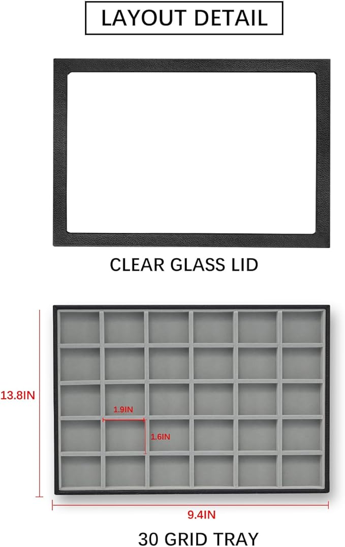 Wudygirl Jewelry Organizer 30 Grid Jewelry Tray with Lid Earring Holder Organizer for Women Ring Earring Bracelet Holder Storage (Pu Black Gray)