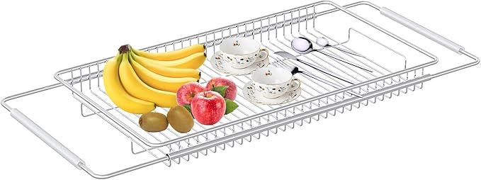 TABABAO Expandable Over The Sink Dish Drainer Drying Rack, Stainless Steel Metal, Small Adjustable Dish Drainer Drying Rack for Kitchen Counter, Space Saving for Compact Kitchen