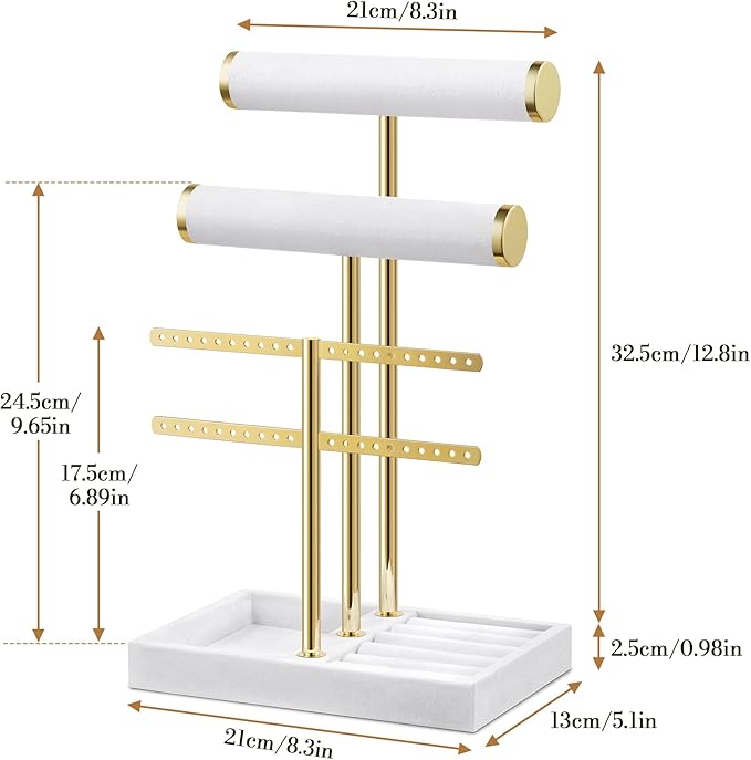 Josmimic Bracelet Holder Jewelry Organizer Display - 3 Tier T Bar Velvet Stand, Black Jewelry Storage for Bracelet, Necklaces, Earrings, Rings, Watches