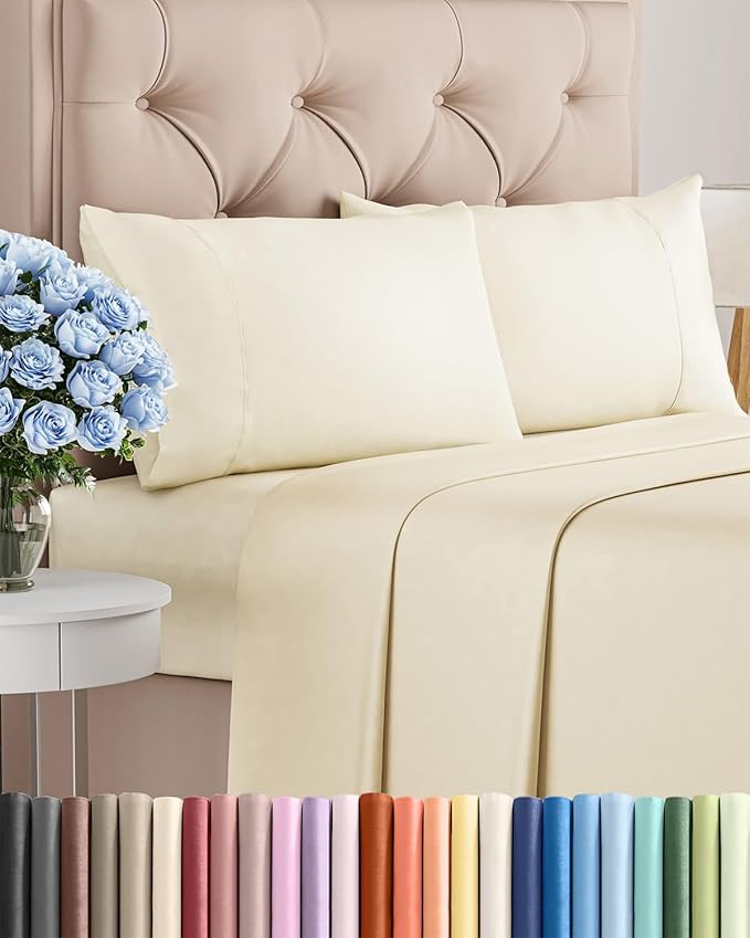 Twin XL 4 Piece Sheet Set - Comfy Breathable & Cooling - Ultra-Soft Hotel Luxury Bedding Set w/ 8-16 Inch Deep Pockets - 1 Flat & 1 Fitted Sheet & 2 Pillowcases - Wrinkle Free & Easy Care - Off White