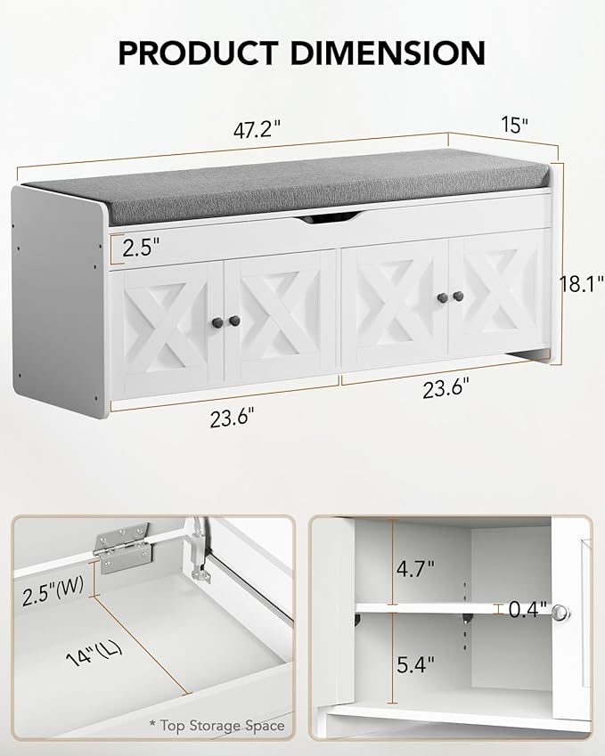 Amada Shoe Storage Bench, 47.2" Long Entryway Bench with Cushioned Seat & Lift Top Storage, 4 Doors, Adjustable Shelf, 300 lbs Capacity, Bench with Shoe Rack for Entryway, Bedroom, Living Room, White