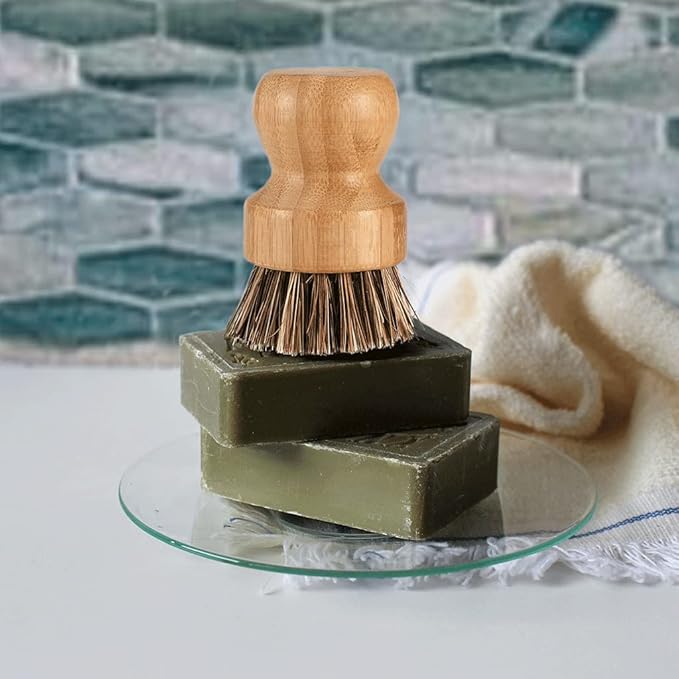 SUPERWASH PLUS Bamboo Dish Brush with Ceramic Dish, Natural Bristle Palm Brush Pot Scrubber for Cast Iron Pans Vegetables and Kitchen Sink Cleaning - 2 Pack