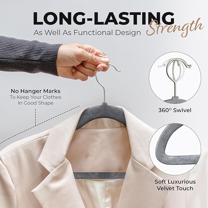 50 Pack Velvet Hanger for Shirt Pants Dresses Skirts Suits Jackets - Slim Space Saving Design - Standard Coat Hanger - Sturdy & Durable Design with Shoulder Grooves Hook