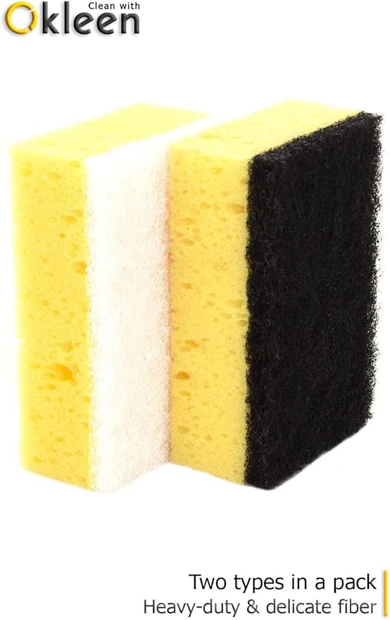 Okleen Yellow Multi Use Scrub Sponge. Made in Europe. 9 Pack, 4.3x2.8x1.4 inches. Odorless Heavy Duty and Non Scratch Fiber. Durable and Delicate Scrubber for Hard Dirty Surfaces in Daily Cleaning