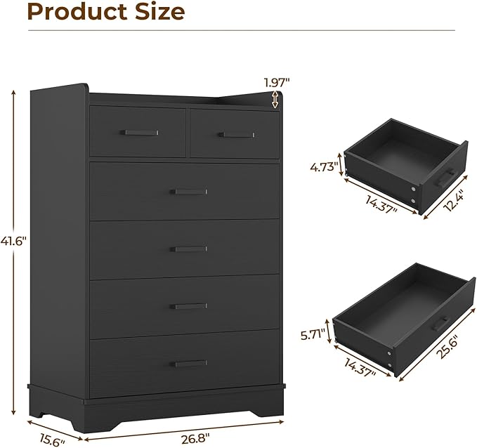 Hasuit Black 6 Drawer Dresser, Wooden Storage Chest of 6 Drawers, Vertical Large Capacity Clothing Storage Organizer, Tall Dressers for Bedroom, Hallway, Entryway
