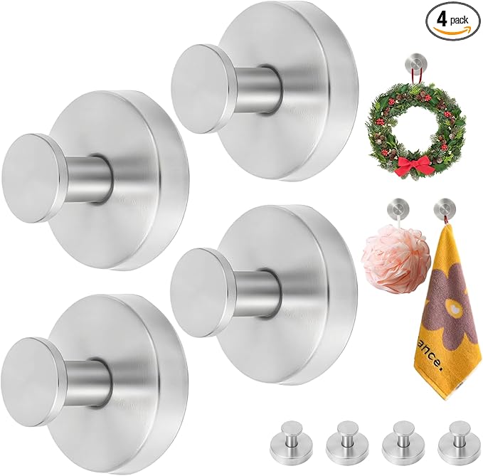 Suction Cup Hooks, Suction Cup Hooks for Shower,Removable Towel Hooks for Bathroom Window Glass Door Wall, Bath Robe Looafh Wreath Hook for Hanging (Gold) (Silver, 4 pcs)