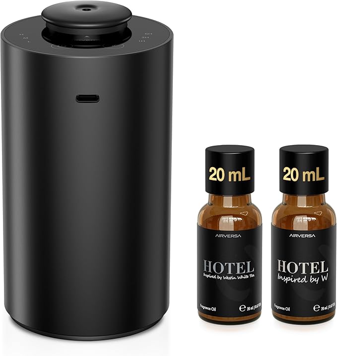 Airversa Waterless Essential Oil Diffuser Starter Kit with 2x20mL Hotel Fragrance Oils for Car Home Office,Premium Aluminum Housing, Up to 600 sq ft, Aroma Nebulizer Baterry Operated, ANX Kit-3 Black