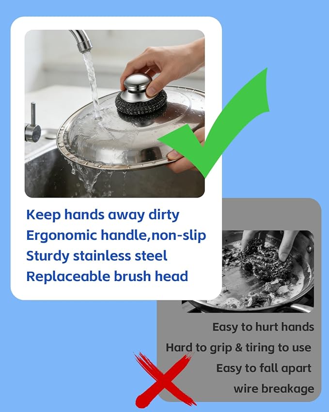 2 Pack Stainless Steel Wool Scrubber with Handle, 4 Replacement Steel Scrubber Wool Pads, Scrubbing Scouring Brush Pads for Cleaning Dishes, Stoves, Kitchen Pots, Pans