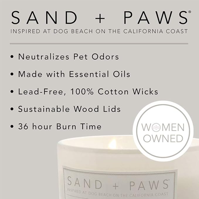 Sand + Paws Scented Candle - Teakwood - Additional Scents and Sizes –Luxurious Air Freshening Jar Candles Neutralize pet Odors and Enhance Home décor – 100% Cotton Lead-Free Wicks - 12 oz