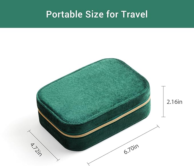CASEGRACE Plush Velvet Travel Jewelry Box, Portable Jewelry Case for Women Girls, Double Layer Jewelry Organizer Display Box for Necklace Earring Rings Bracelet, Travel Accessory Gifts, green