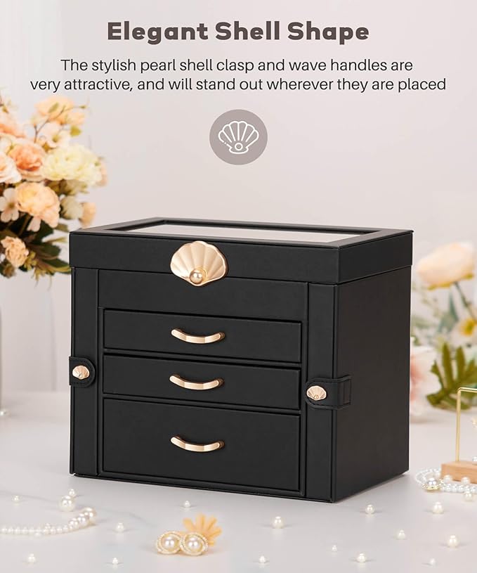 Jewelry Box with 3 Drawers: Display Organizer for Earrings Necklaces - Gifts for Girls Women (Black)