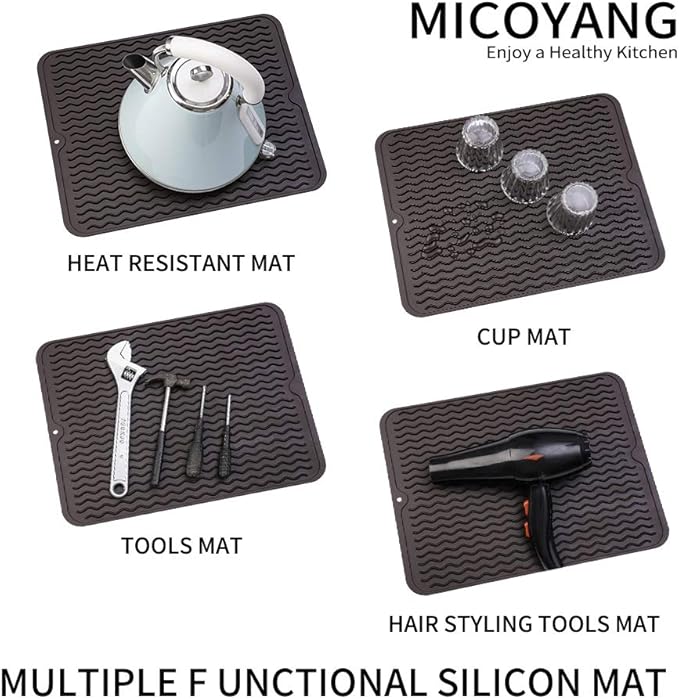 MicoYang Silicone Dish Drying Mat for Multiple Usage,Easy clean,Eco-friendly,Heat-resistant Silicone Mat for Kitchen Counter or Sink,Refrigerator or drawer liner Coffee L 16 inches x 12 inches