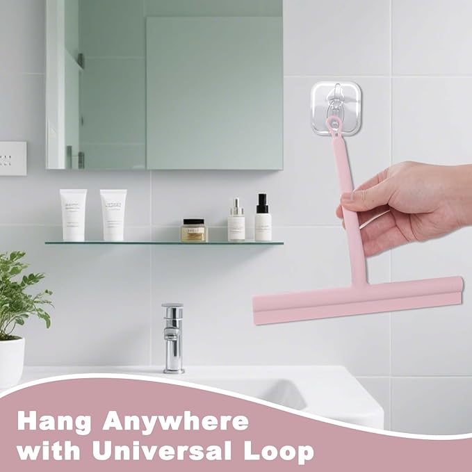 DEOFUXT Squeegee for Shower Glass Doors, Resilient Loop - No-Drill & Adhesive Hook, Silicone Shower Squeegee with Stainless Steel Core, Cleaning Tool for Home, Kitchen, Bathroom & Car - Pink
