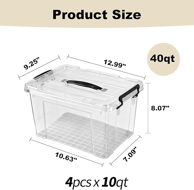 4 Pack Clear Storage Bins with Lids, 10 Qt-Stackable Plastic Organizer for Home, Office, Garage, BPA-Free, Heavy-Duty, See-Through Containers with Secure Latches & Handles