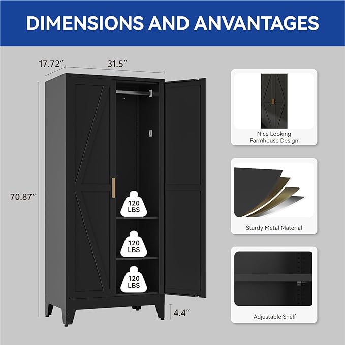 COFaR Metal Wardrobe Closet with Doors, Black Farmhouse Bedroom Armoires with Adjustable Hanging Rod and Shelves, 71'' Tall Closet Cabinet for Garage Storage, Roperos para Guardar Ropa
