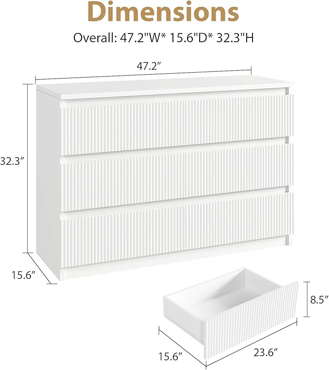 6 Drawer Dresser, Fluted Dresser for Bedroom with Sleek Hidden Handles, Bedroom Dressers with Drawers, Wood Closet Clothes Storage Organizer for Bedroom, Pure White
