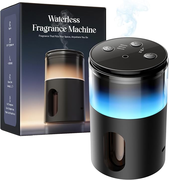 Waterless Diffuser for Essential Oil: Mini Battery Scent Diffuser for Room&Home&Car with 9 Colors LED Light - Aroma Cool Mist Machine Dark Black