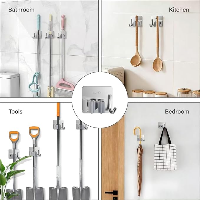 5 Pack Mop and Broom Holder Wall Mount, Silver Stainless Steel Mop and Broom Hanger with Hooks, Mop Broom Organizer for Closet Laundry Garage Garden Tool Organizer (Silver)