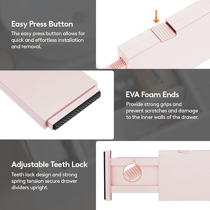 Lifewit 8 Pack Drawer Dividers 4" High, 11-17" Adjustable Dresser Drawer Organizers for Clothes, Expandable Dresser Separators in Bedroom/Bathroom/Kitchen/Vanity/Office Organization and Storage, Pink