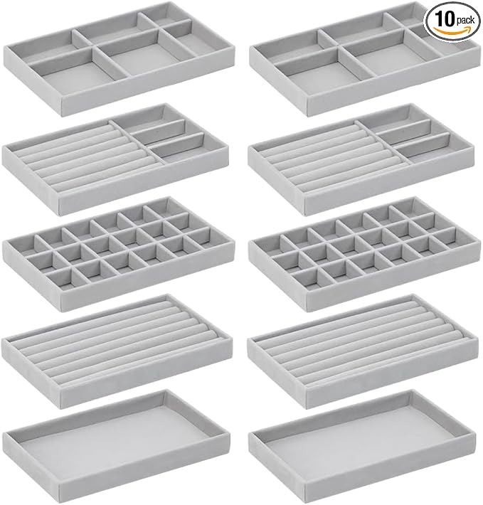 10 Pack Jewelry Organizer Tray Drawer Inserts Stackable Velvet Liner Dividers Customizable Jewellery Box Foam Ring Earring Holder Necklace Bracelet Storage Display Dish Flat in Dresser Vanity