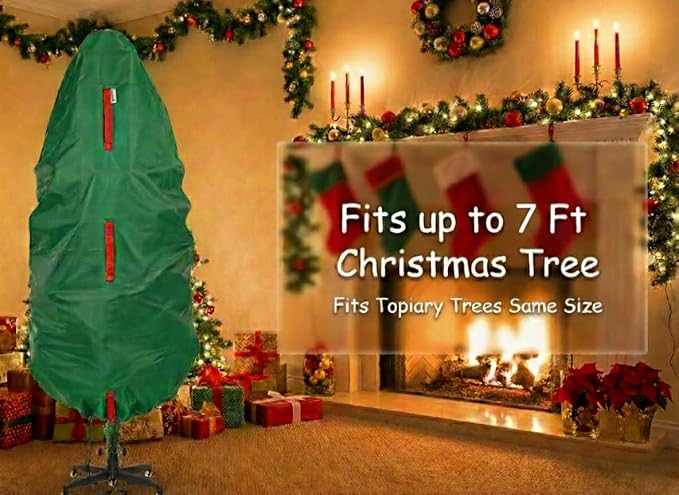 Upright Christmas Tree Storage Bag - Fits 7 Ft Artificial Xmas & Topiary Tree, Vertical Holiday Cover, Durable, Dustproof & Easy-Use Xmas Storage, Green