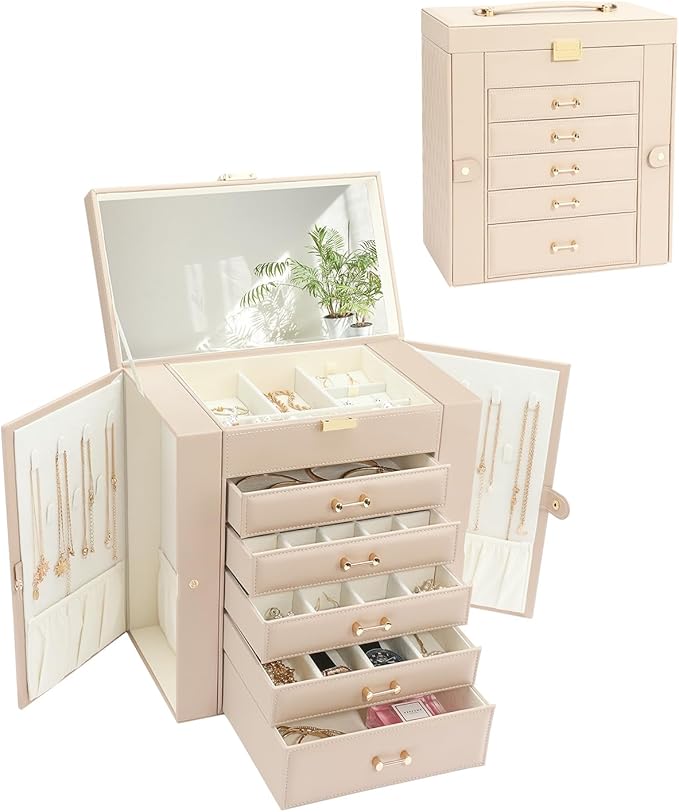 Jewelry Storage Box, Jewelry Organizer with 22 Necklace Hooks, Large Jewelry Box for Ring Bracelet Necklace Earrings (Apricot)