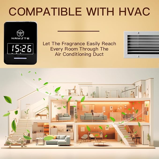 Smart Waterless Diffuser HVAC Scent Machine with Clock & Bluetooth Control 3000 Sq.Ft - Essential Oil Level Monitoring 300ML Diffusers Cold Air Tech for Large Room Home Office Aromatherapy